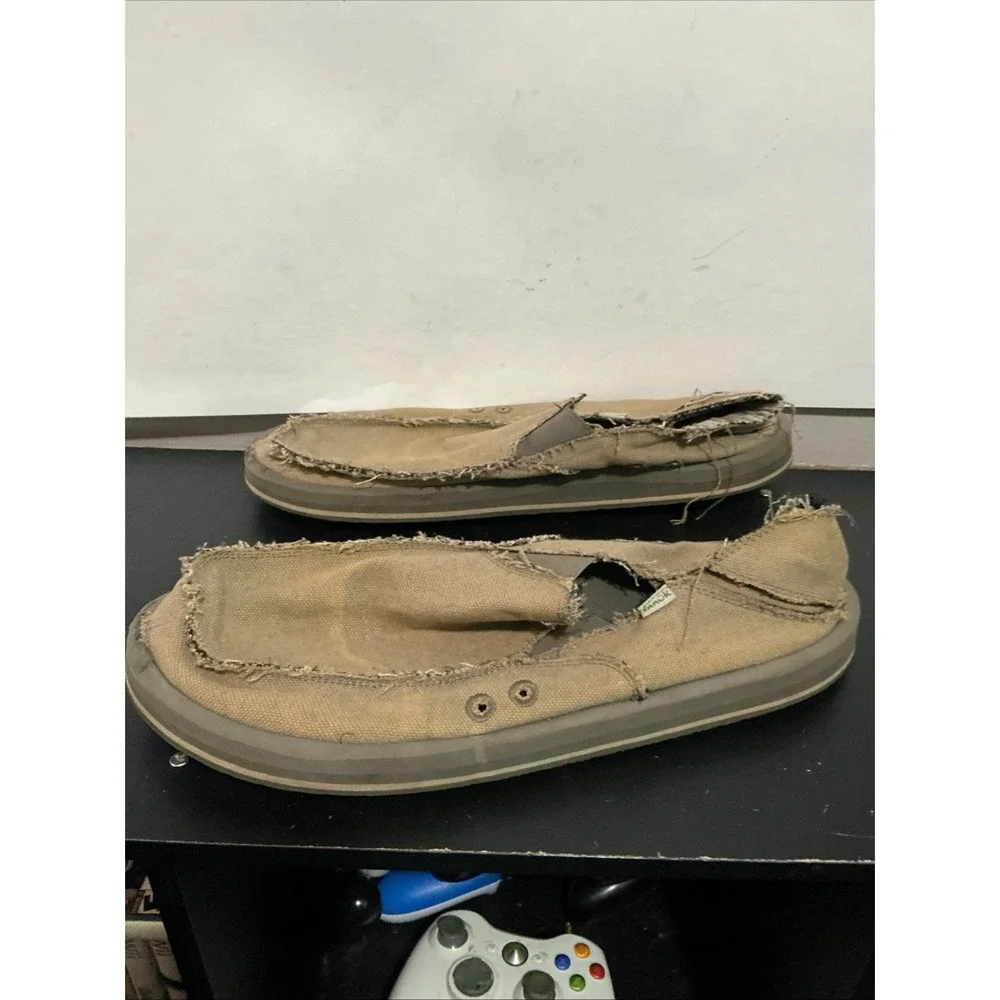 Sanuk Vagabond Tripper Mens Size 13 Khaki Brown Woven Slip On Shoes DAMAGED